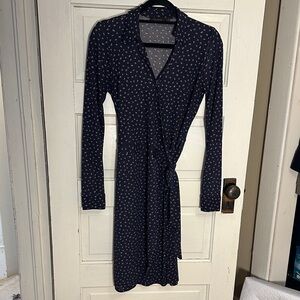 The Limited Navy Collared Long Sleeve Wrap Dress with Pattern